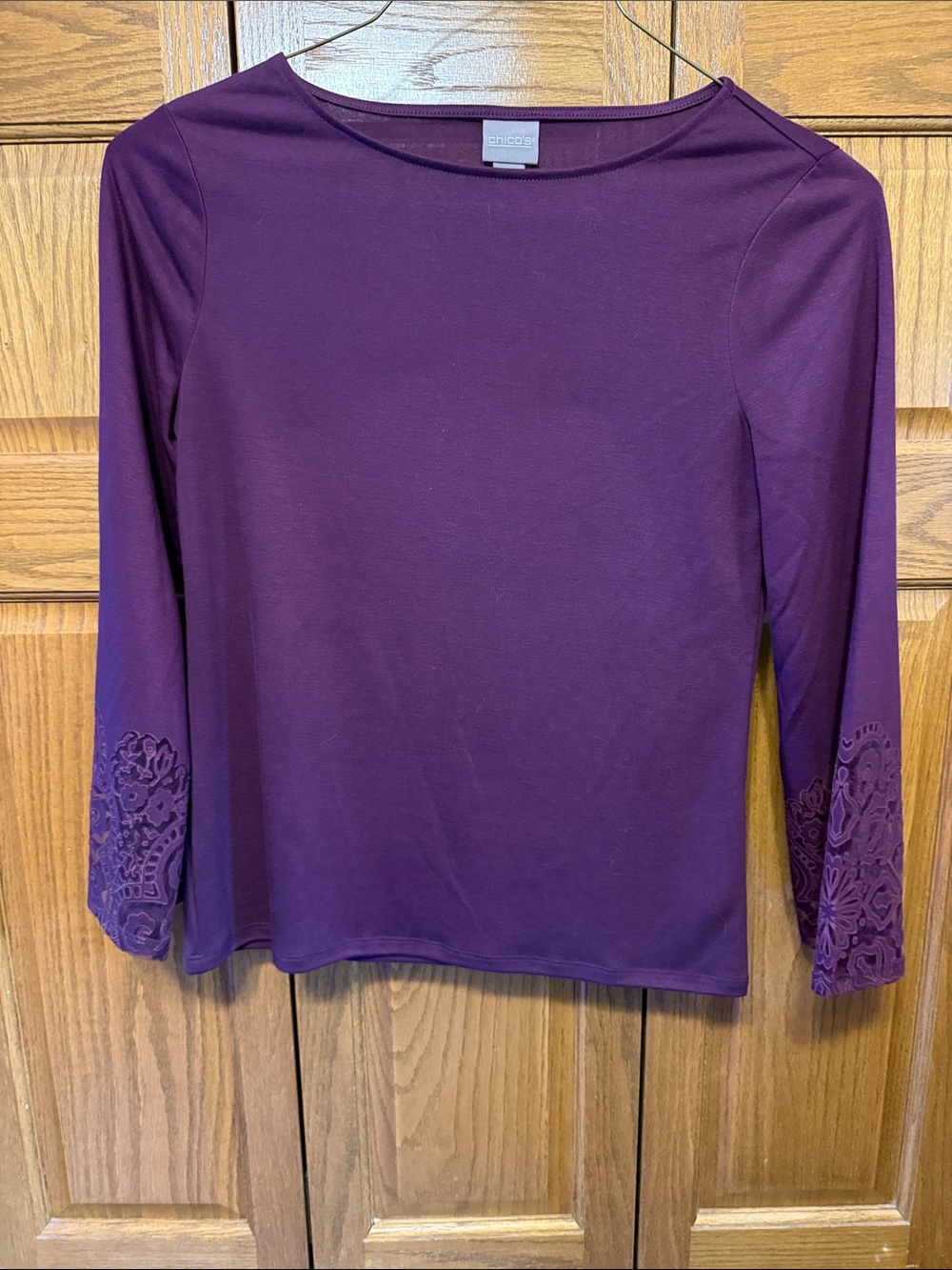 Chico's Plum Long Sleeve Crewneck Top with Lace Cuff Detail- Size 0